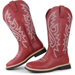 🆕Women's Red Embroidered Square Toe Side Zipper Western Mid Calf Dress Boots